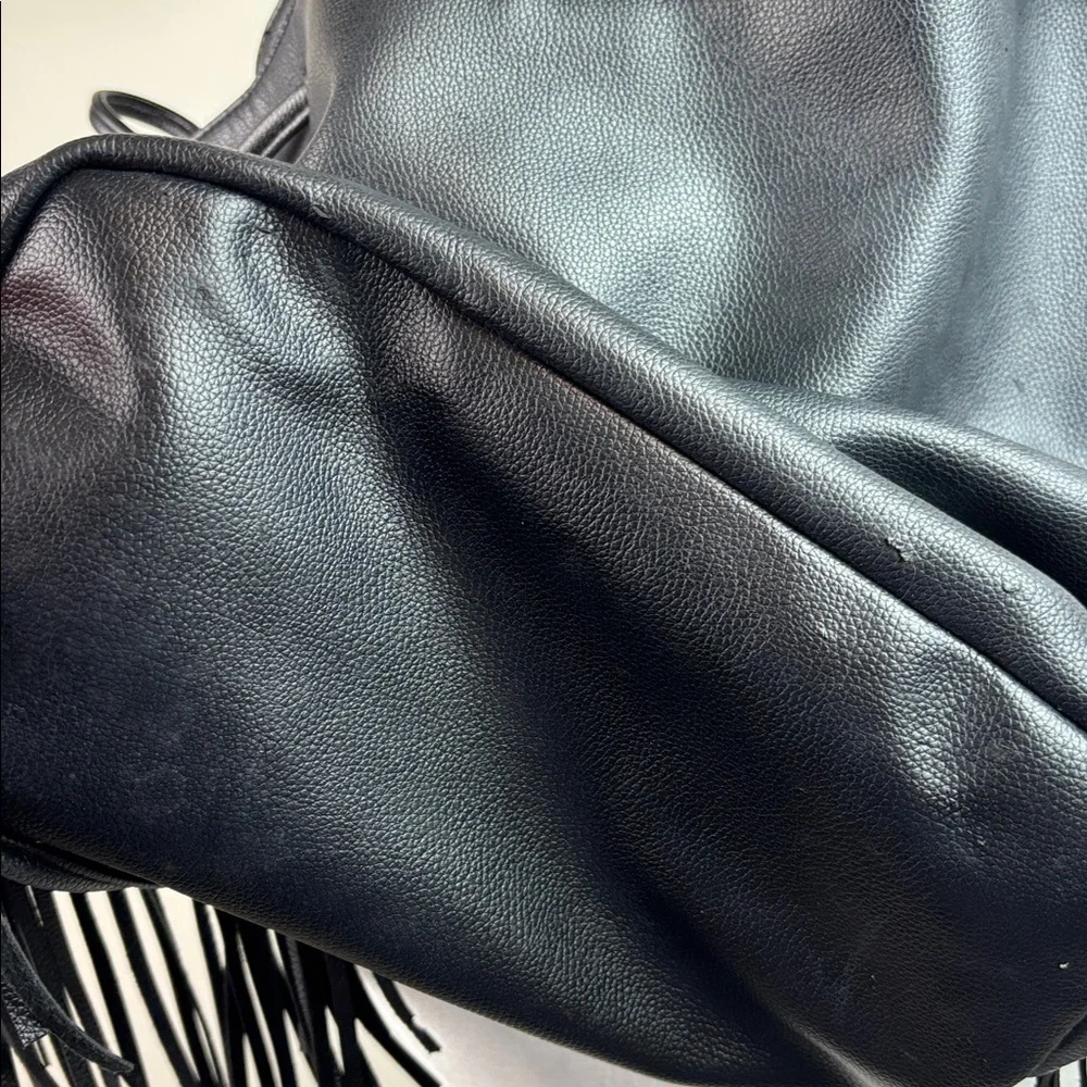 Victoria's Secret Black faux leather boho fringe bag backpack drawstring tote - Picture 11 of 13
